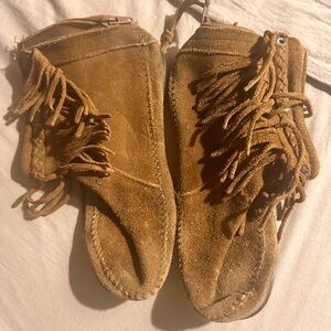 Minnetonka Brown Suede Moccasins with Fringe